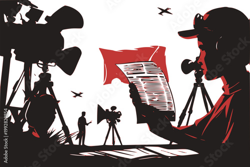 Journalist Reading Newspaper While Cameraman Films World Press Freedom Day News Reporting and Media Freedom Illustration