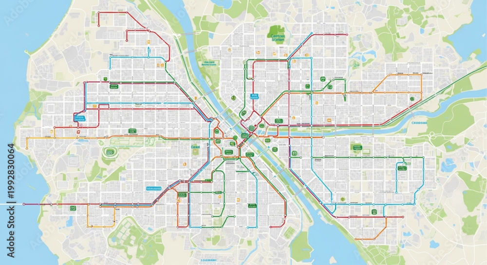Fototapeta premium City Transit Map with Bus and Train Routes.