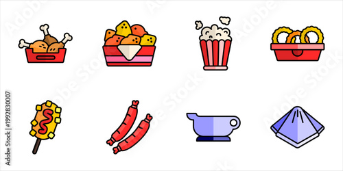 Fried snack side menu color line icon set chicken nugget popcorn onion rings sausage corn dog vector illustration