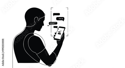 Man using smartphone with chat bubbles on screen
