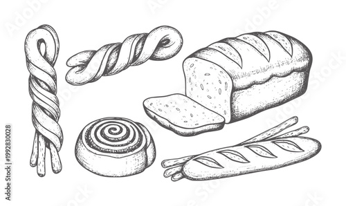 Hand drawn assortment of baked bread products and pastries pastry loaf baguette cinnamon