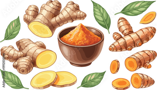 Ginger and turmeric roots collection with sliced pieces, powder in bowl and green leaves, hand drawn botanical food illustration set for spice, herbal and organic design
