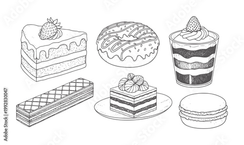 Hand drawn assortment of cakes donuts and pastries with strawberry toppings pastry