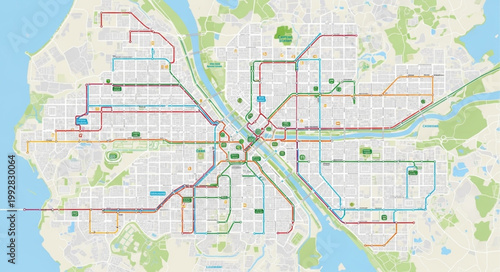 City Transit Map with Bus and Train Routes.