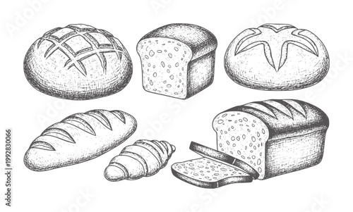 Hand drawn assortment of bread loaves and croissant loaf baked food