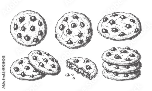 Hand drawn chocolate chip cookies in various arrangements and states food dessert