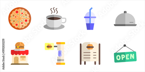 Fast food restaurant experience icon vector set pizza coffee tray drink storefront drive thru menu board open sign illustration