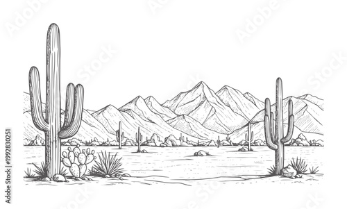 Hand drawn desert landscape with saguaro cacti and mountains cactus