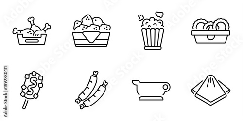 Fried snack menu icon line set chicken nugget popcorn onion rings sausage corn dog sauce napkin outline vector illustration