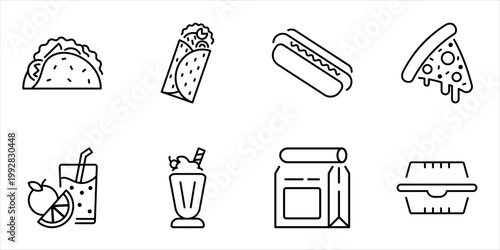 Street food takeaway icon line set taco burrito hotdog pizza slice milkshake juice box bag outline vector illustration