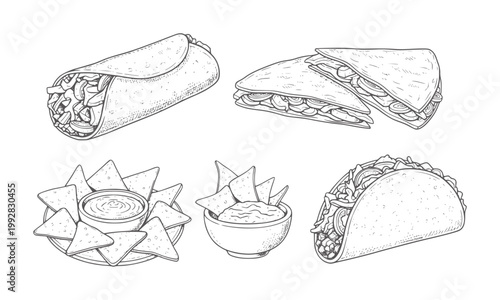 Hand drawn of Mexican food including burrito quesadillas nachos and taco
