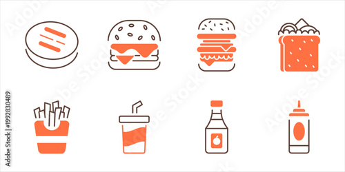 Burger meal selection icon outline set cheeseburger sandwich fries drink ketchup mustard fast food line illustration