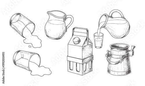 Hand drawn of milk pouring from jug into glass and spilled milk