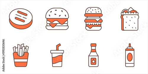 Fast food burger combo icon line set double burger fries soda sauce bottle sandwich menu outline vector illustration