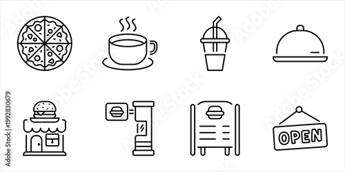 Fast food restaurant experience icon line set pizza coffee tray drink storefront drive thru menu open sign outline vector illustration