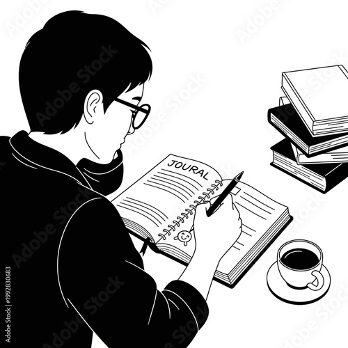 Young person writing in journal with coffee and books, focused on creative work