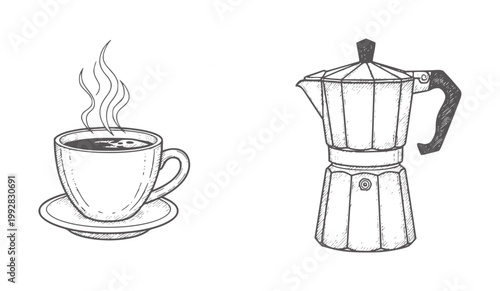 Hand drawn steaming coffee cup and moka pot white drink