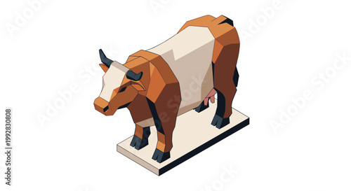 An isometric 3D illustration features a stylized brown and white cow with geometric facets standing on a light base.
