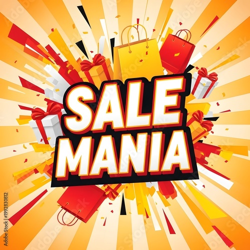 Sale mania shopping bags and gifts on colorful background with text transparent background