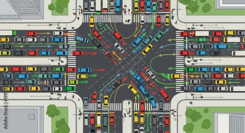 Busy City Intersection with Heavy Traffic Congestion.