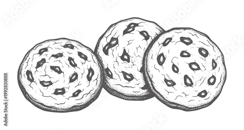 Three hand drawn chocolate chip cookies with texture food