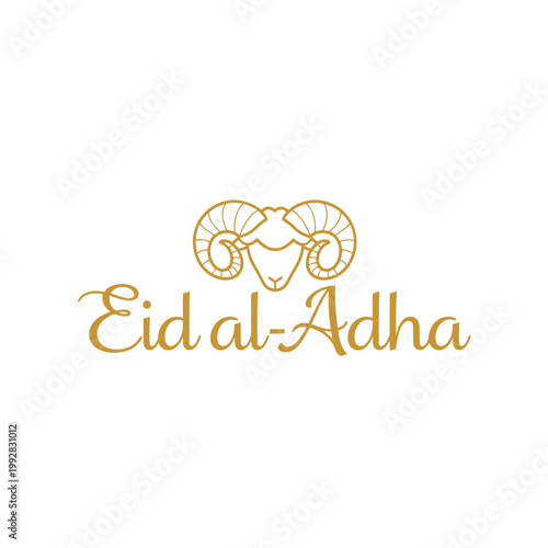Golden Eid al-Adha text with ram illustration, a Muslim holiday celebrating the willingness of Abraham to sacrifice his son