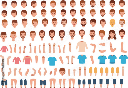 Male character creation kit vector illustration with customizable faces hairstyles body parts clothing and poses set