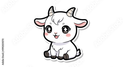 A charming cartoon sticker-style illustration depicts a cute white baby goat with sparkling eyes and rosy cheeks.