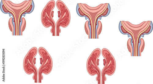 Medical Illustration of Female Reproductive System Anatomy Including Uterus, Ovaries, and Internal Structure Views for Healthcare Education, Gynecology Study, and Clinical Design