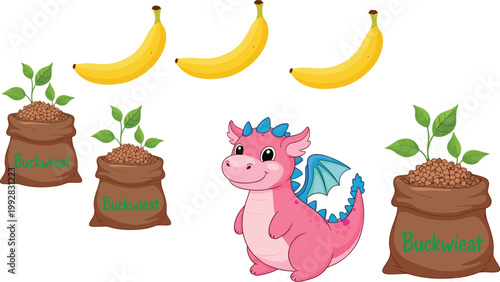 Mixed Illustration Set with Bananas, Buckwheat Bags, Growing Plants, and Cute Dragon Character for Food Design, Agriculture Concept, and Kids Graphics