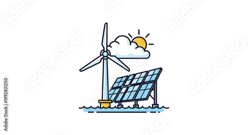 A stylized illustration depicts a solitary offshore wind turbine and three solar panels floating on water illuminated by a bright sun peeking from a cloud.