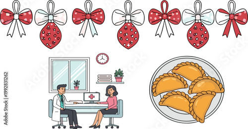 Mixed illustration set with decorative bows, medical consultation scene and empanadas plate, colorful hand drawn collection for healthcare, food and festive design elements