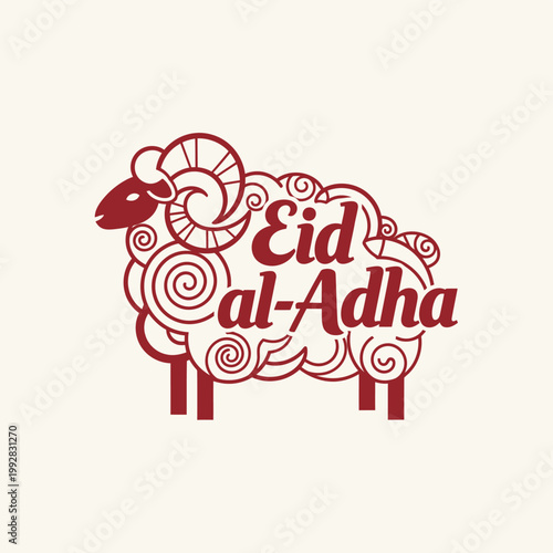 Eid al-Adha festival greeting with a stylized sheep illustration and decorative swirls