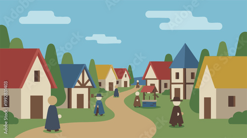 Quadro em tela Cartoon illustration of a medieval village with villagers and houses