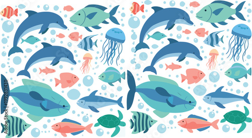 Seamless ocean animals pattern with dolphins, fish, jellyfish and turtles, colorful underwater illustration for kids textile, wallpaper and marine themed design