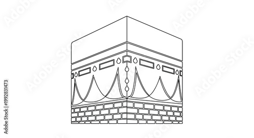 An isometric line art illustration depicts the sacred Kaaba showcasing its cubic structure with a brick base and draped fabric details against a pristine white background.