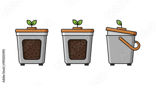 Three illustrations of compost bins two lidded and one bucket-style with a handle each containing soil and a small sprout are arranged on a white background.