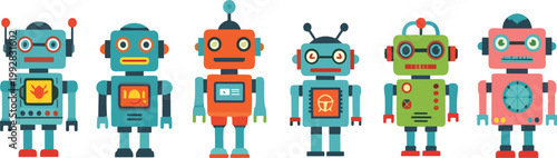 Set of Cute Retro Robots in Colorful Cartoon Style for Technology Design, Kids Illustration, Artificial Intelligence Characters, and Futuristic Graphic Elements