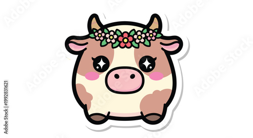 A charming plump cartoon cow with light brown and beige patches and sparkling eyes wears a delicate pink and yellow flower wreath.