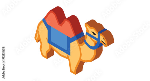 An isometric illustration depicts a two-humped camel rendered in brown and orange adorned with a blue saddle and bridle facing right.