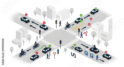 Busy urban intersection with cars and pedestrians navigating traffic signals.