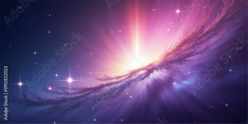 An abstract night sky illustration featuring glowing stars and blue clouds creates a bright celestial background where light and energy shine across the dark universe