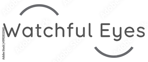 Watchful Eyes minimalist typography logo, modern sans serif text with abstract eye curves, professional gray branding element for security or vision services