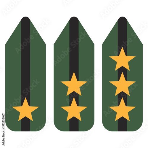 Military Ranks Shoulder Badges Vector Set, soldier rank symbols with chevrons stripes and stars, military uniform heraldry insignia design, clean vector badge collection