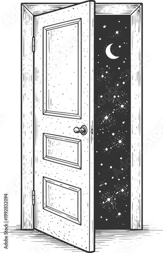 Open Door to Starry Night Space – Surreal Portal Engraving Illustration