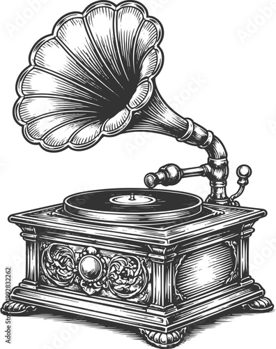 Vintage Gramophone Engraving Illustration – Classic Phonograph Music Player