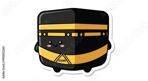 A charming cartoon sticker depicts the Kaaba as a plump black cubic character with a smiling face golden bands and a KISWA label.