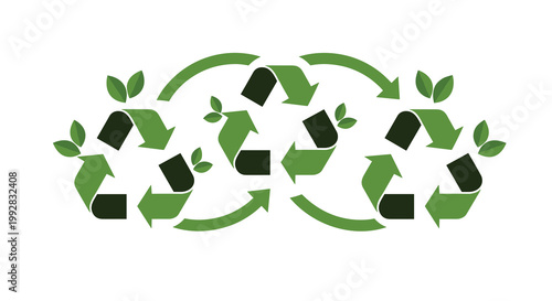 Three interconnected green recycling symbols each with a small leaf form a horizontal chain on a plain white background.