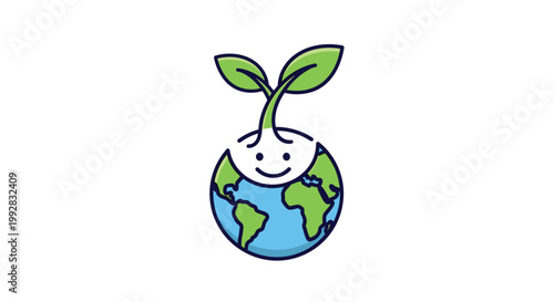 A cheerful blue and green Earth with a smiling face has a green plant sprouting from its top presented centrally on a clean white background.