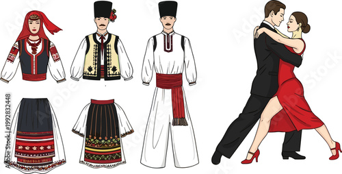 Traditional Folk Costume Set and Tango Dance Couple – Cultural Clothing Vector Illustration
